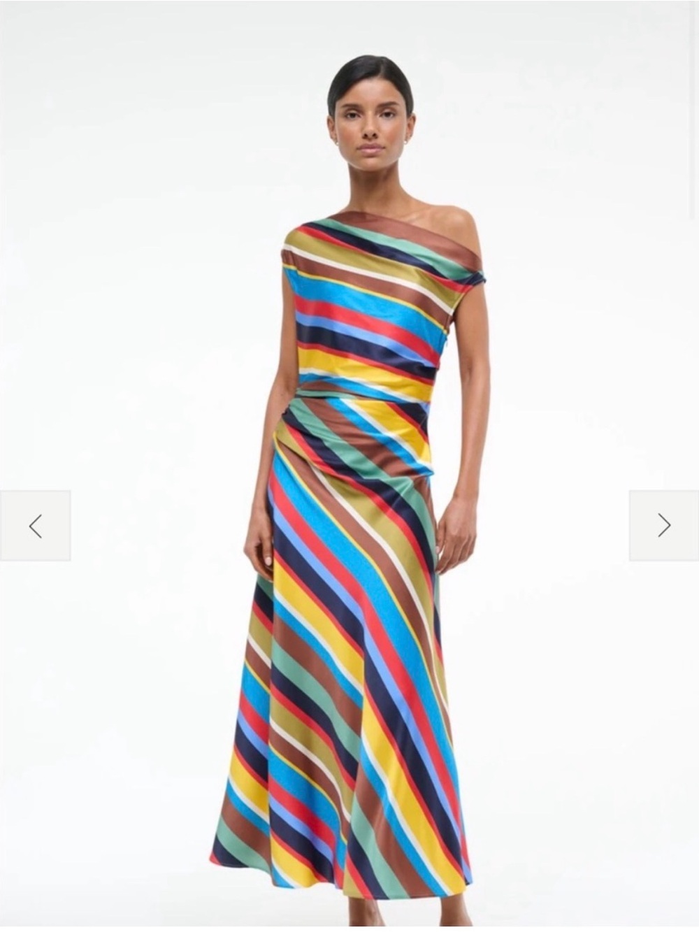 Off-Shoulder Multi-Stripe Midi Dress in Bright Multicolor